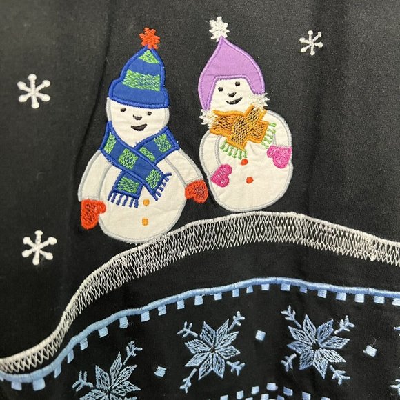 Michael Simon Sweater Cardigan Cotton Ramie Size L Black Snowman Cottage Winter - Picture 4 of 8
